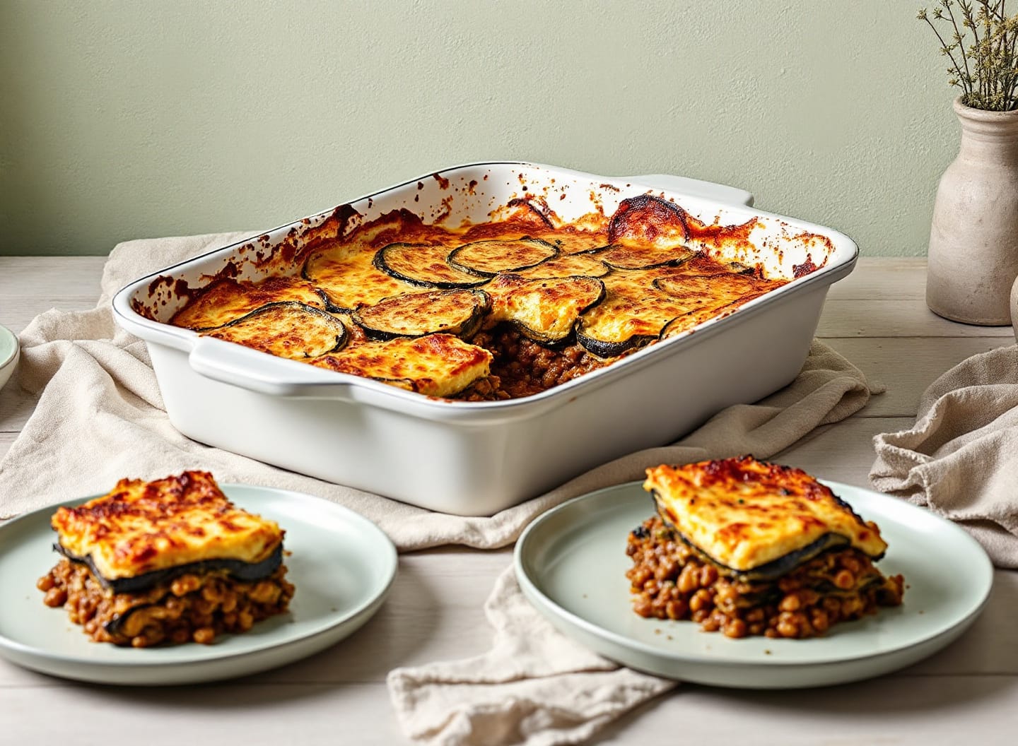 A white enamel dish of moussaka with a portion served beside it, showing layers of dark grilled aubergine and brown lentil ragu under a golden top.