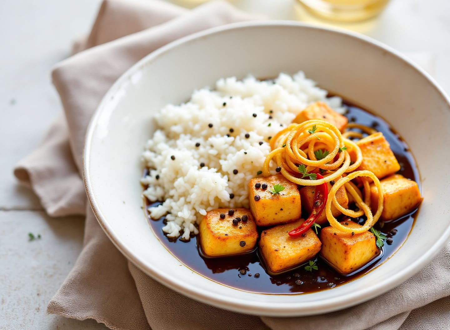 Cubes of golden fried tofu in a dark glossy pepper sauce, topped with a tangle of crisp fried shallot rings and red chilli.