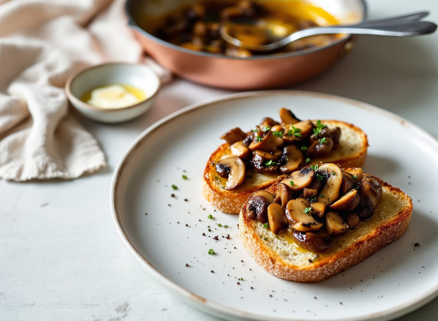 Two thick slices of sourdough toast piled with dark golden torn mushrooms, thyme and shaved cheese, on a matte off-white plate.