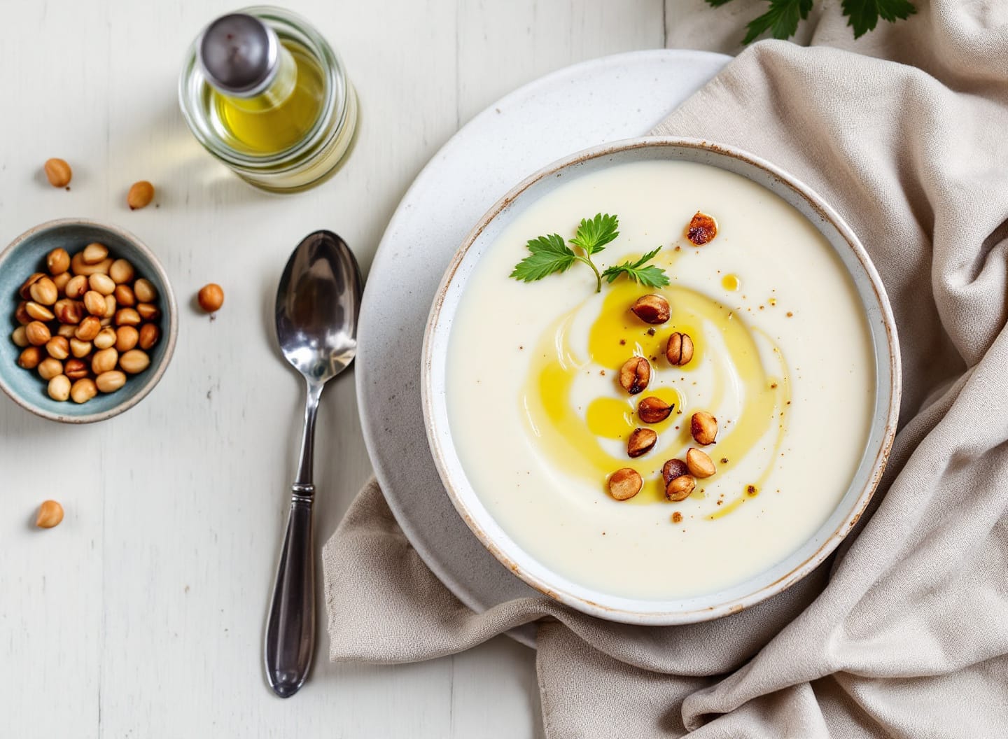 A bowl of smooth pale ivory celeriac soup topped with slivers of green apple, toasted hazelnuts and a few drops of dark oil.