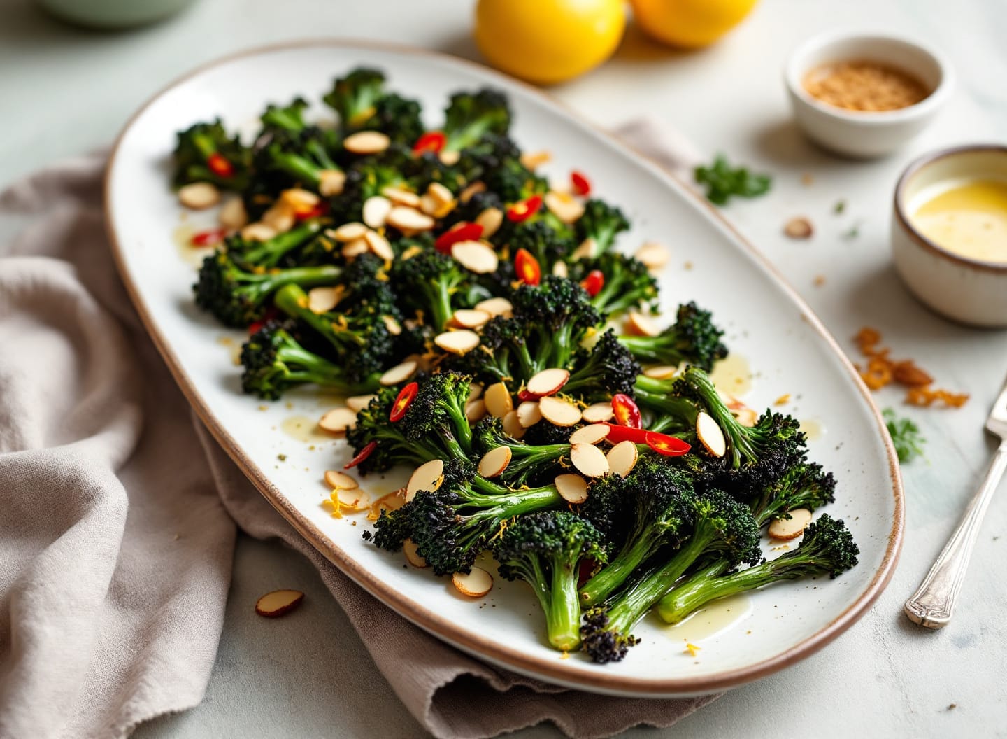 A long platter of blackened charred tenderstem broccoli with toasted flaked almonds, sliced red chilli and lemon zest.