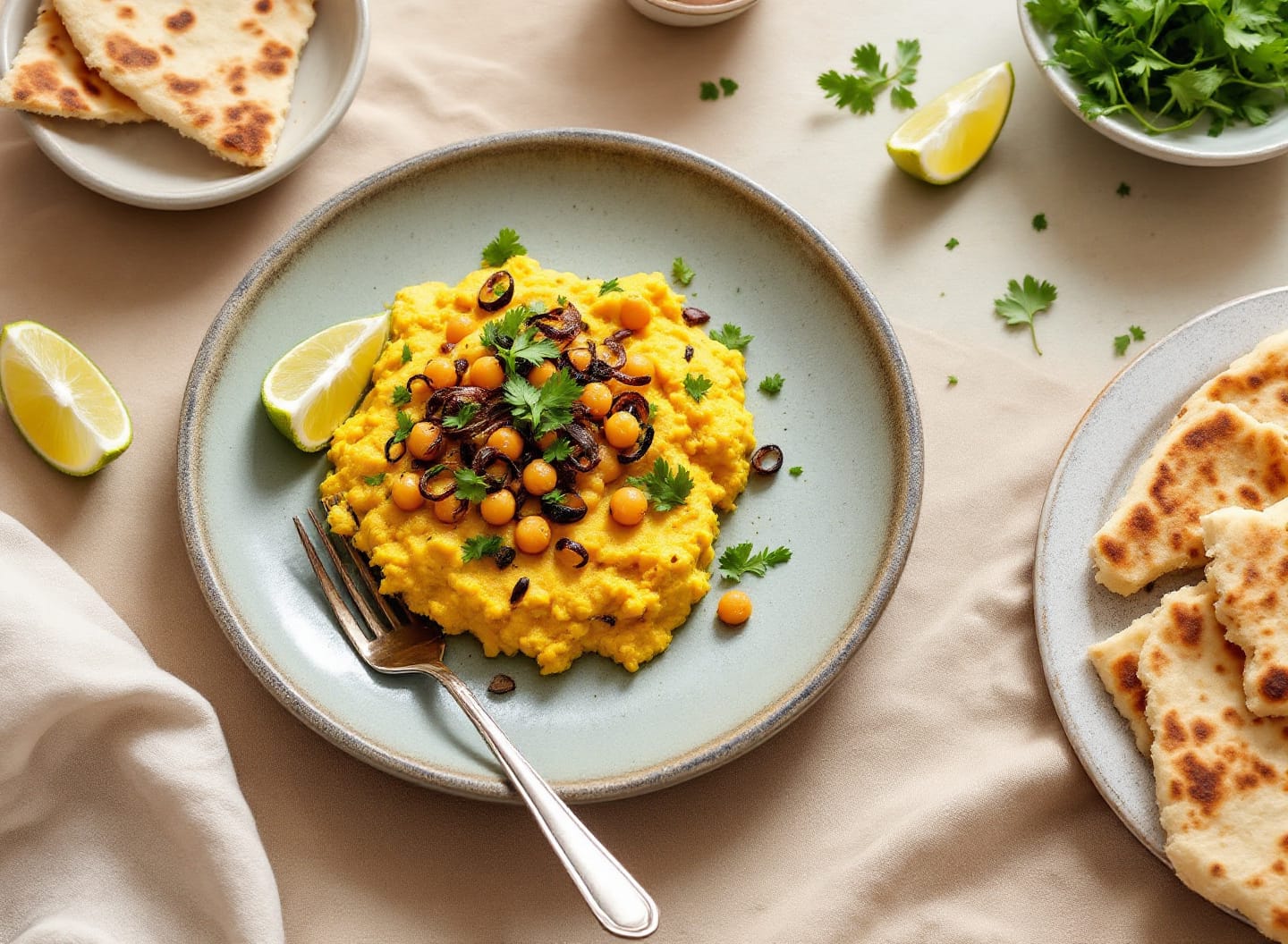 A sage ceramic plate of golden crushed chickpeas topped with blackened whole spring onions, coriander and a lime wedge.