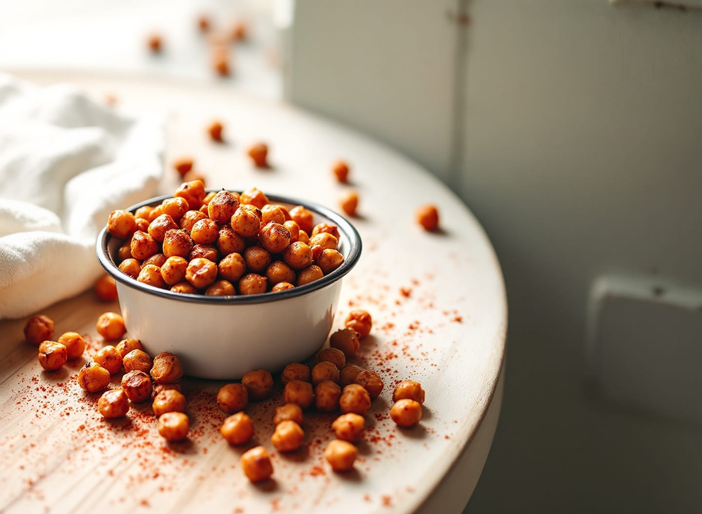 A small white enamel bowl overflowing with crisp roasted chickpeas coated in deep red smoked paprika, some spilled on the wood beside it.