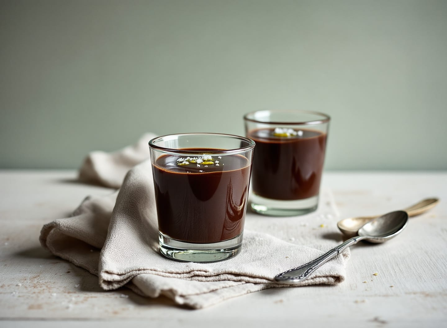 Three small glasses of dark glossy chocolate mousse, each with a drizzle of green olive oil and flakes of sea salt on top.