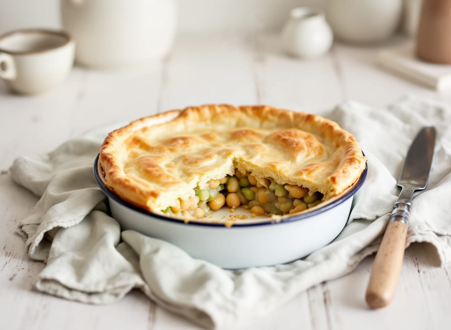 A round pie in a white enamel dish with burnished golden puff pastry, one wedge cut away showing creamy leeks and butter beans.