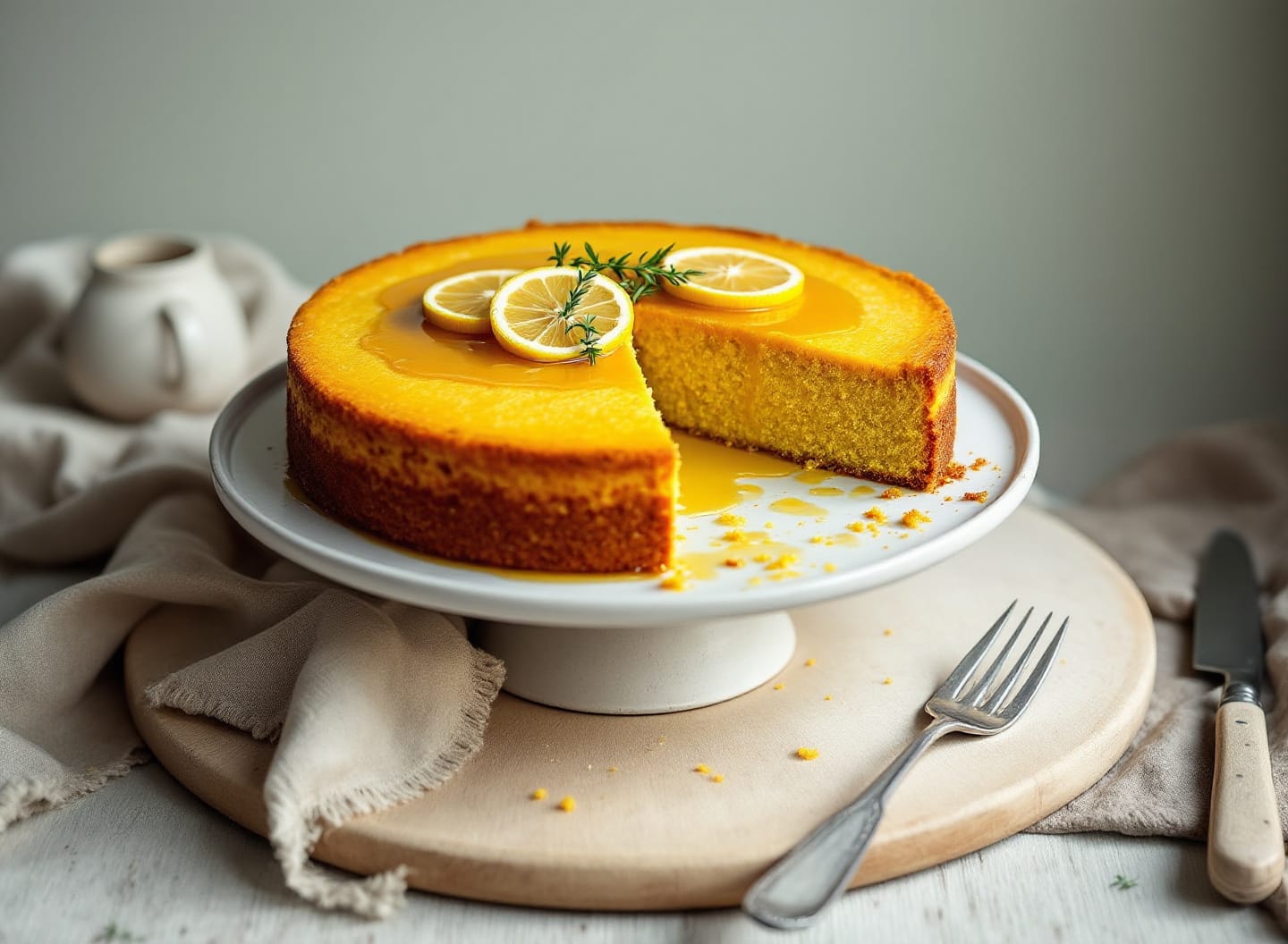 A round golden polenta cake on a cake stand with two slices cut, glossy lemon syrup soaking the top, thin lemon slices and thyme sprigs.