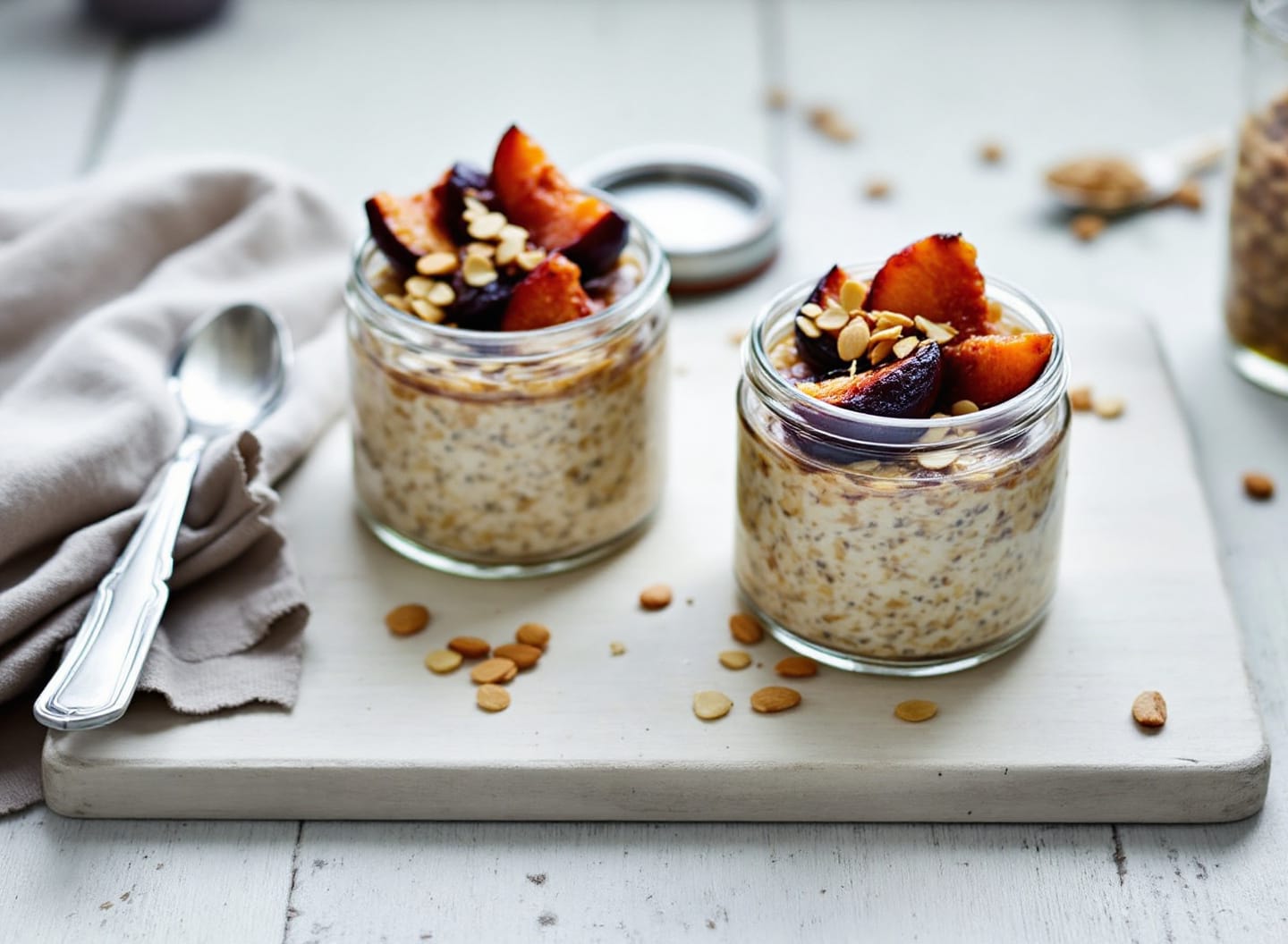 Two glass jars of creamy oats topped with dark roasted plum halves and toasted flaked almonds, on pale wood.