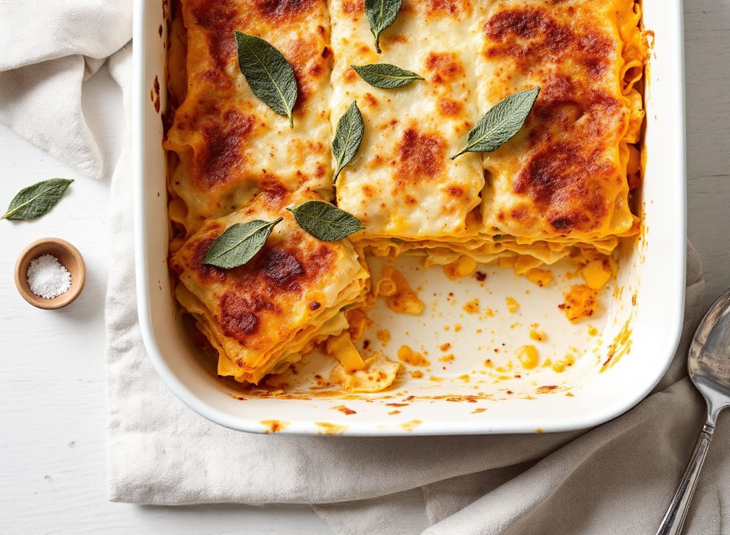 A white enamel dish of squash lasagne with one square lifted out, showing orange squash and white béchamel layers under a browned top.