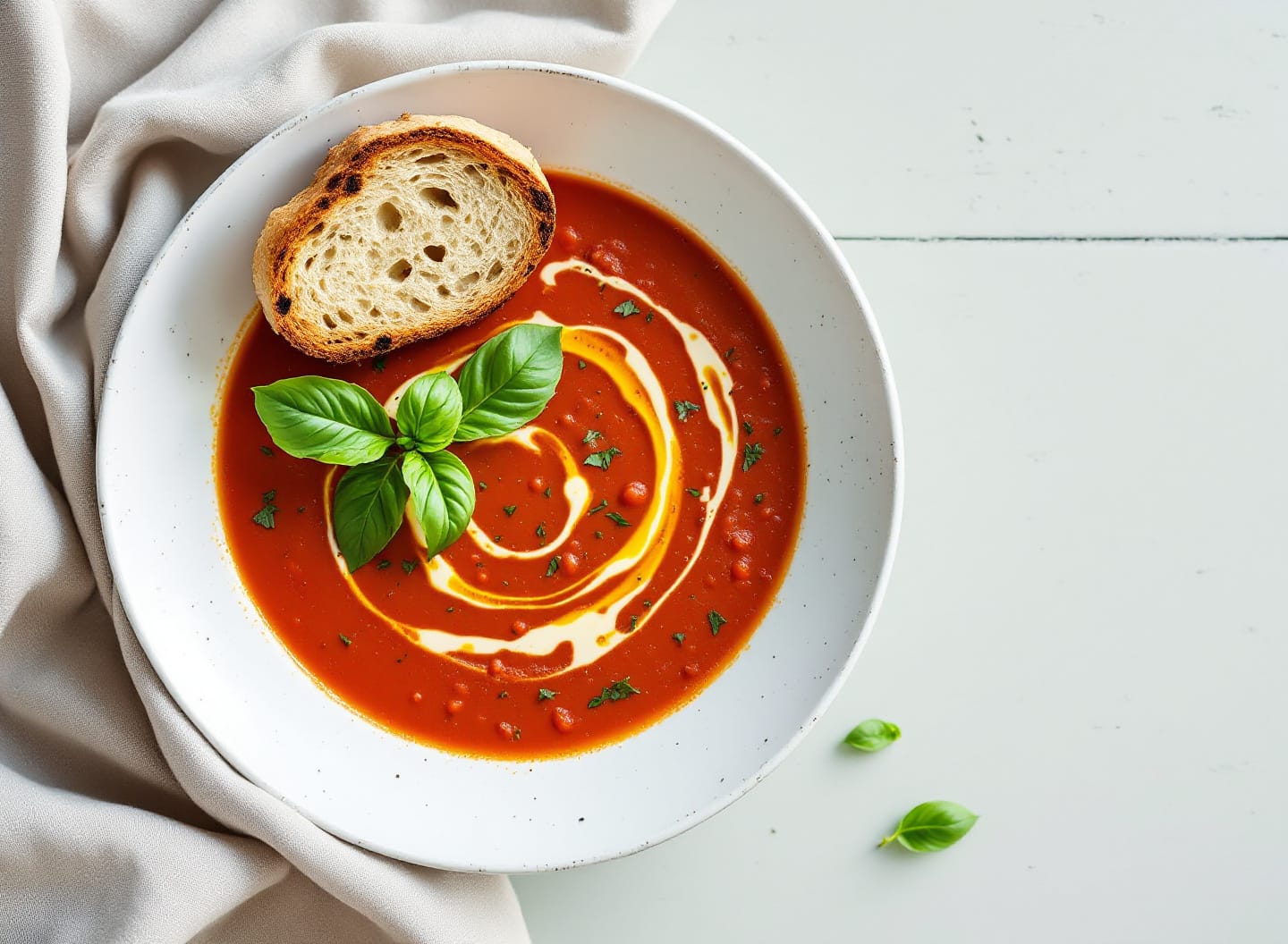 A deep bowl of thick rust-red tomato and bread soup with torn basil leaves and a swirl of olive oil, a crust of bread on the rim.
