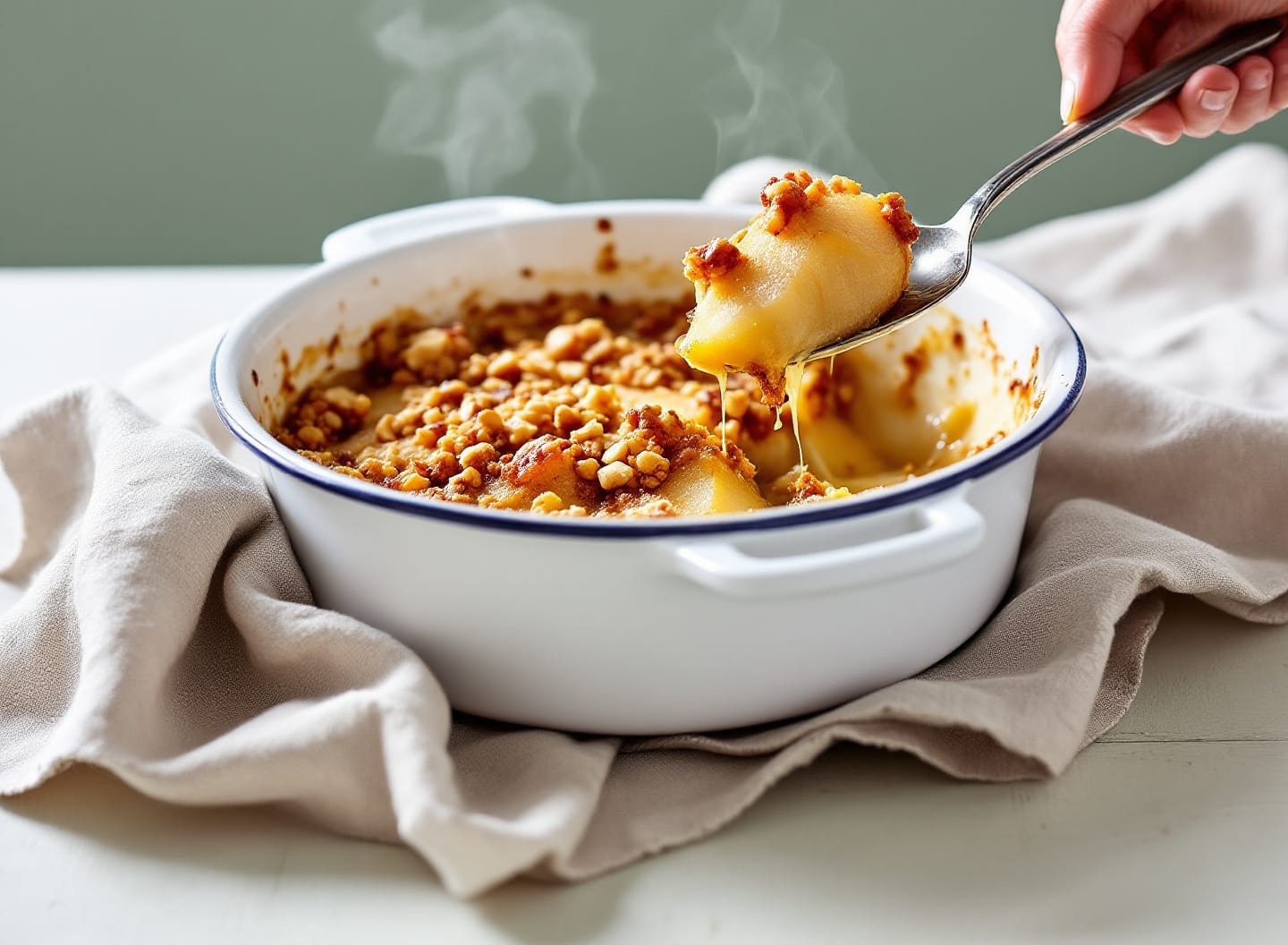 A white enamel dish of crumble with a spoon lifted out, showing golden craggy hazelnut topping over roasted pear halves in their juices.