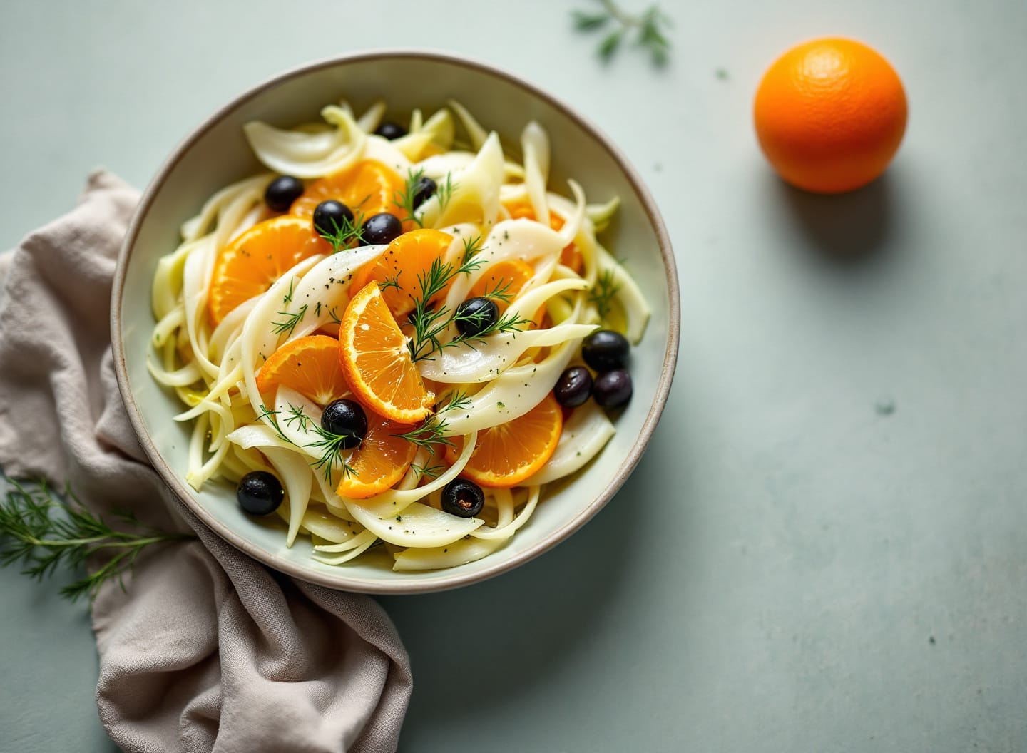 A shallow bowl of paper-thin shaved fennel with bright orange segments, black olives and fennel fronds.