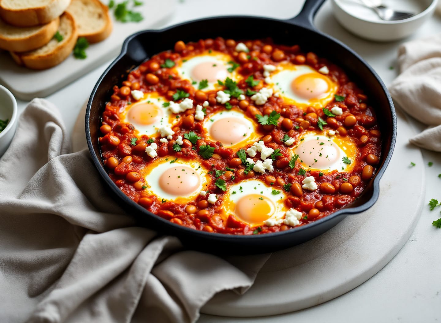 A wide black pan of red pepper and tomato sauce with six baked eggs, crumbled feta and chopped parsley scattered over the top.