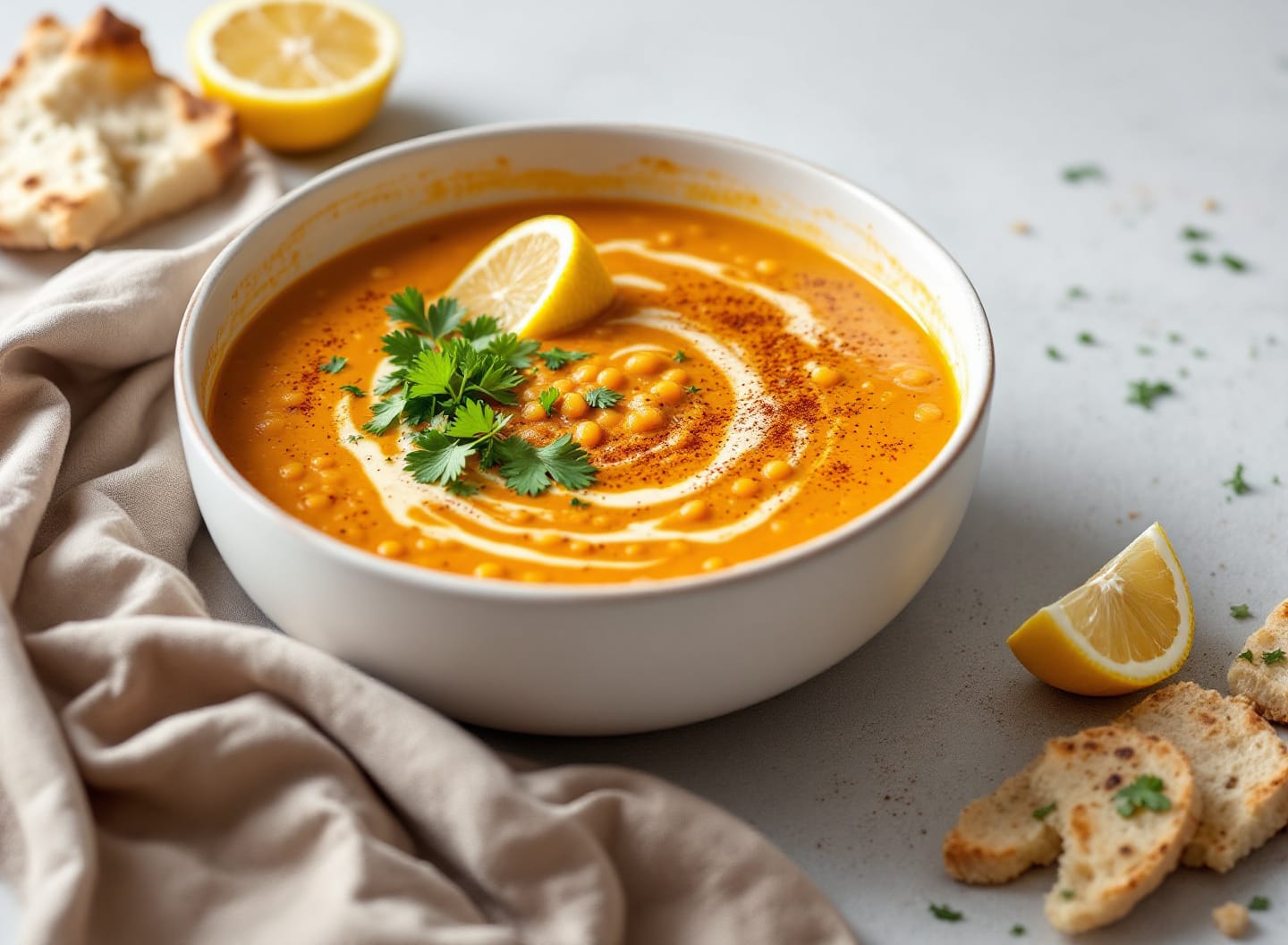 A bowl of thick golden-orange lentil soup with a swirl of paprika oil, chopped coriander and a half lemon beside it.