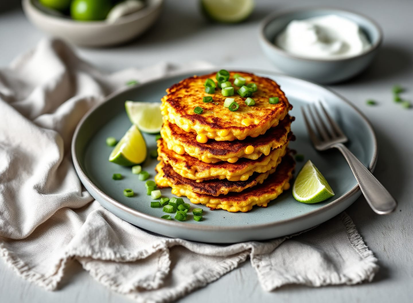 A stack of golden sweetcorn fritters with crisp uneven edges on a sage plate, with sliced spring onion, lime and a bowl of yoghurt.
