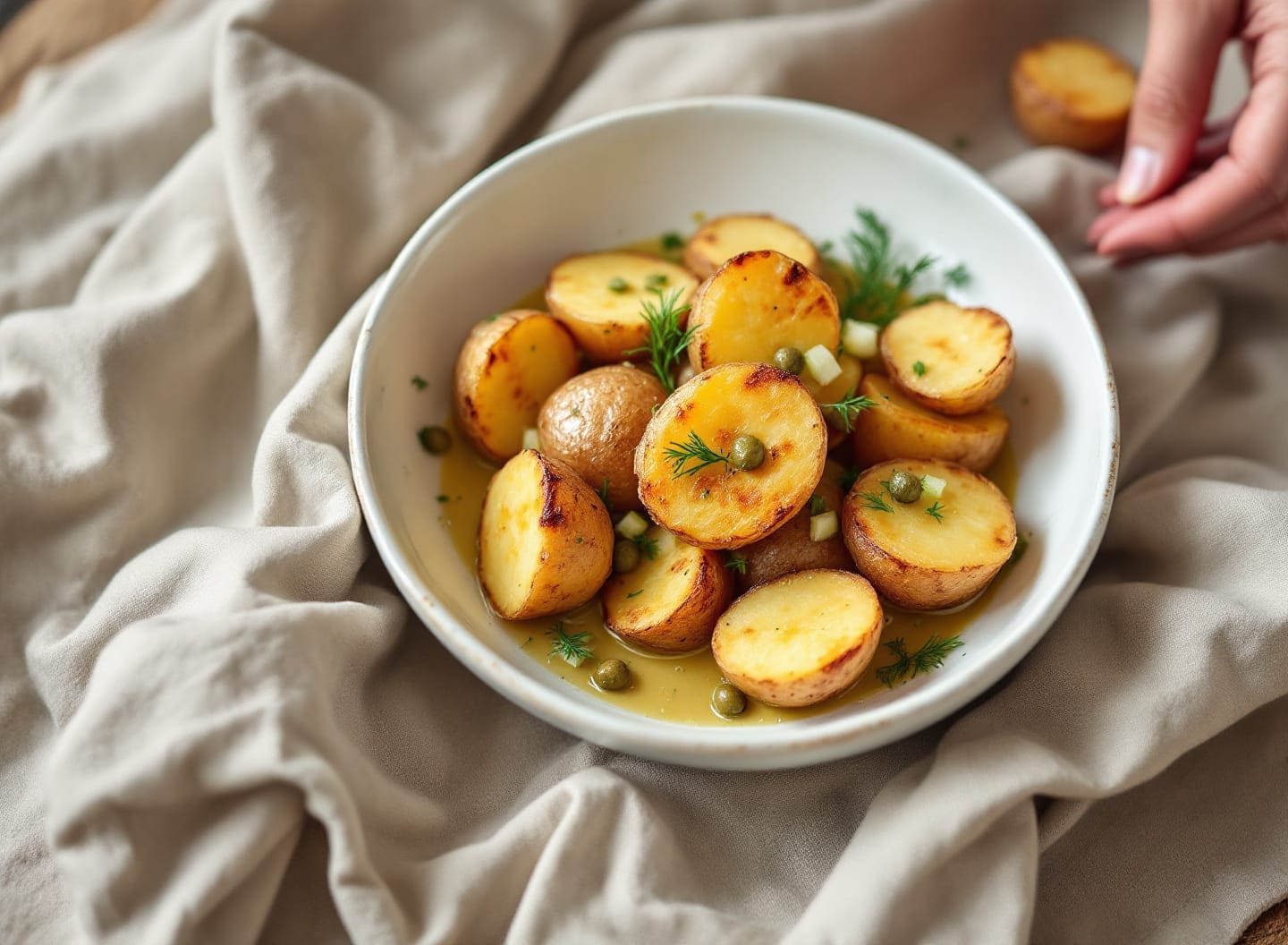A bowl of halved warm new potatoes with capers, sliced spring onion and chopped dill in a mustard dressing.