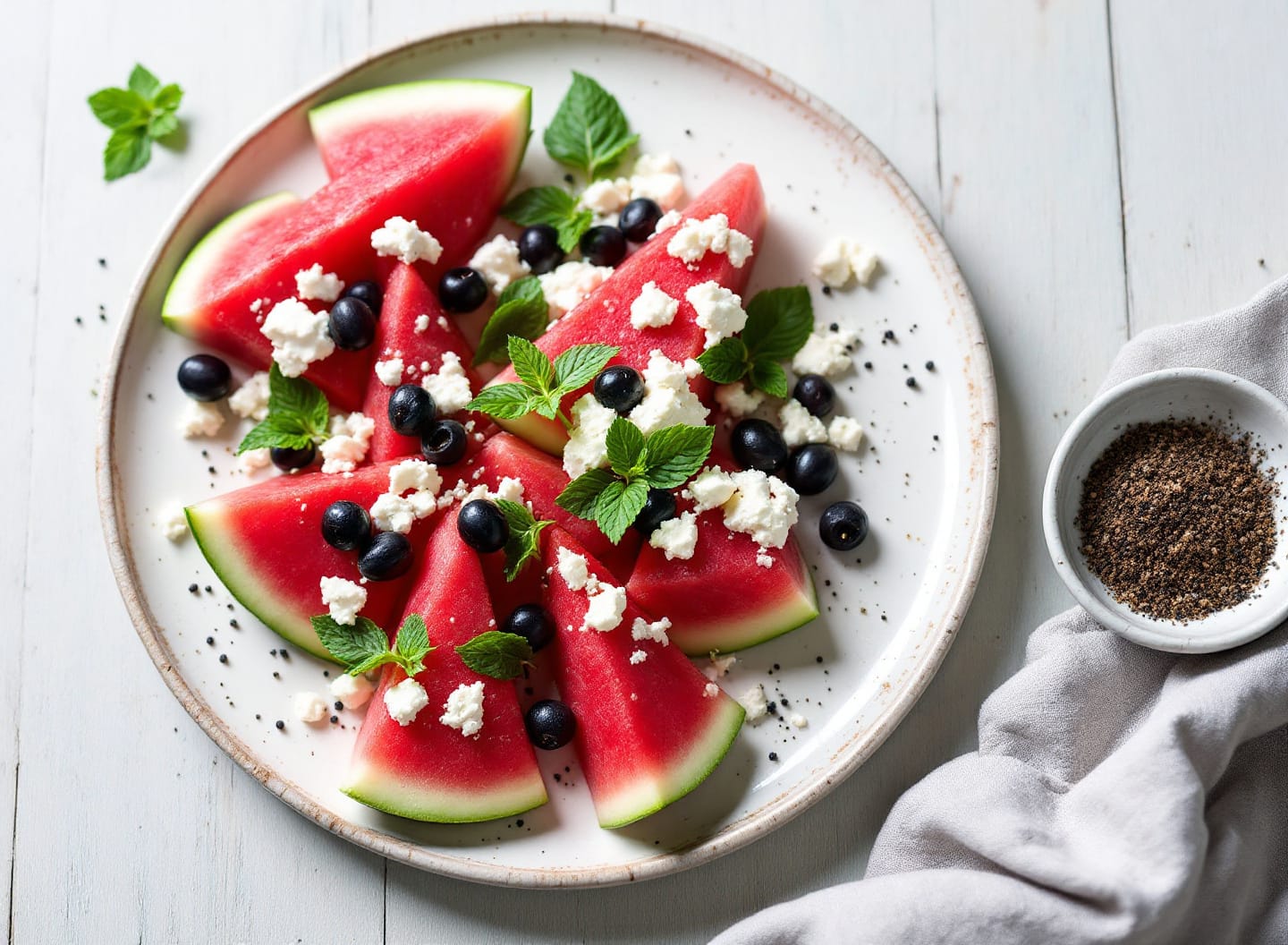 A platter of ruby watermelon wedges with white crumbled feta, glossy black olives and small mint leaves.