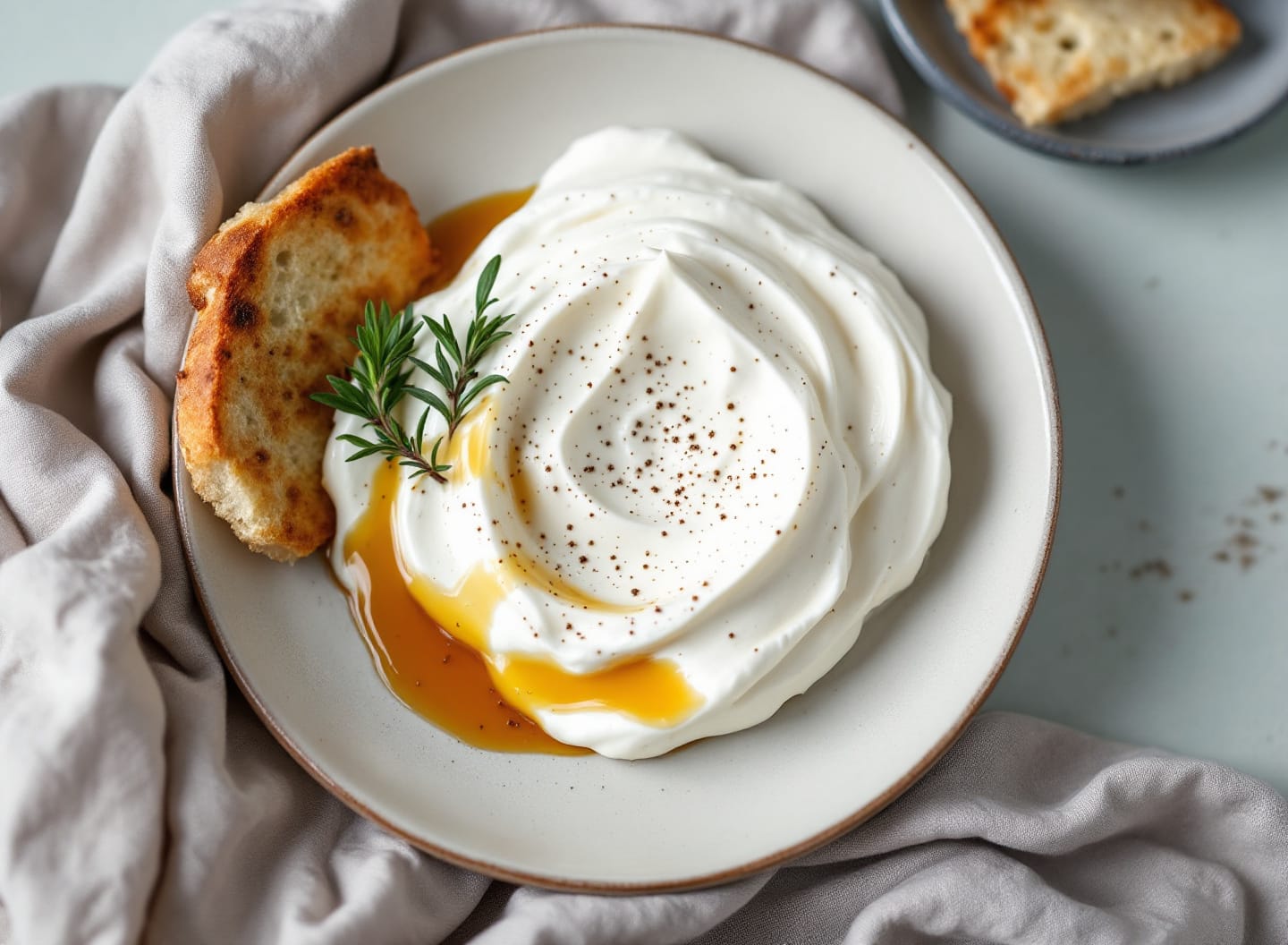 A shallow bowl of thick whipped white feta in swirled peaks with dark honey drizzling over one side and thyme sprigs on top.